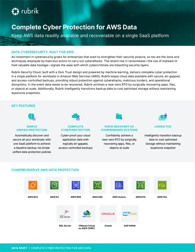 Title of Rubrik Data Sheet: Complete cyber protection for AWS data