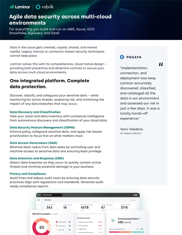 Title of Rubrik and Laminar Solution Brief: Agile data security across multi-cloud environments, discussing data protection management