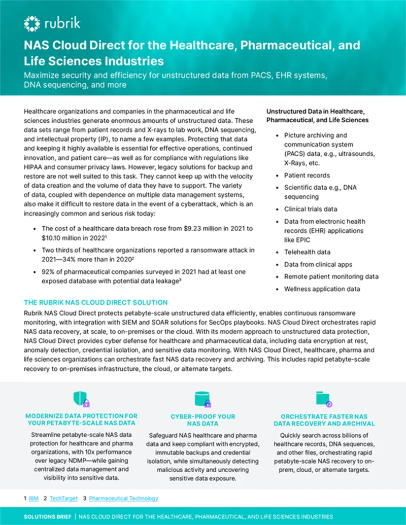 Title of Rubrik brief: NAS cloud direct for the healthcare pharmaceutical and life sciences industries, outlining healthcare data management