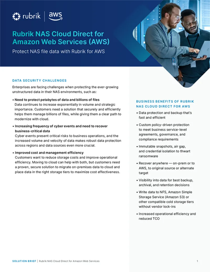 Title of brief, Rubrik NAS Cloud Direct for Amazon Web Services, outlining AWS data management